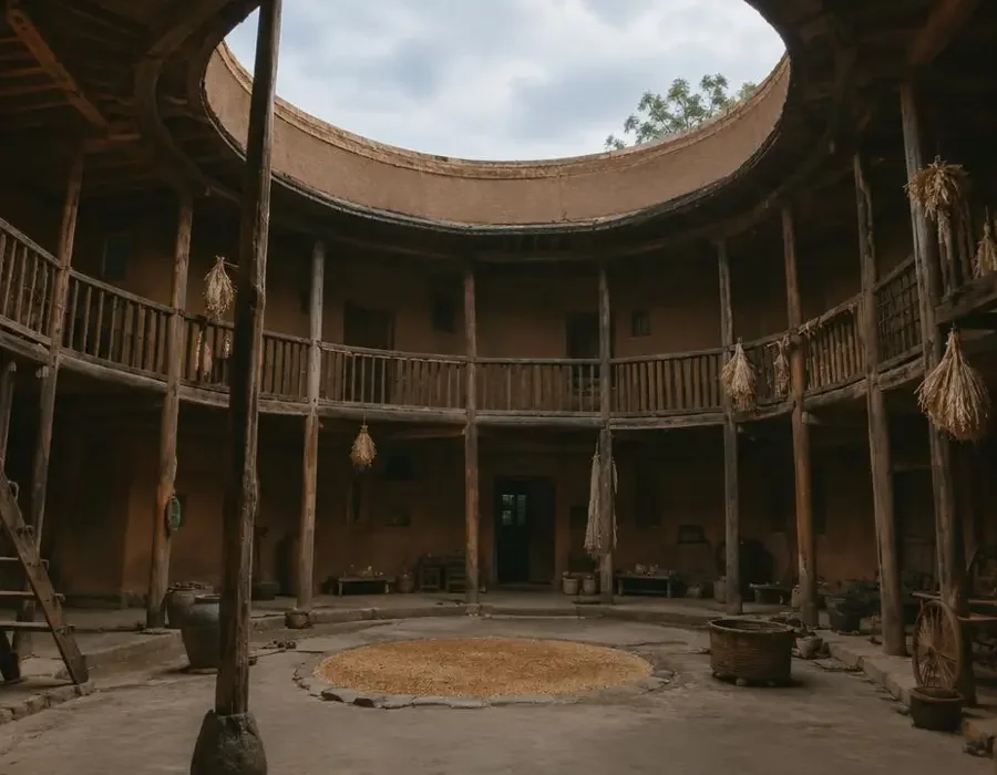 传统圆形土楼内院，木质回廊与晾晒的谷物，天井透下柔光