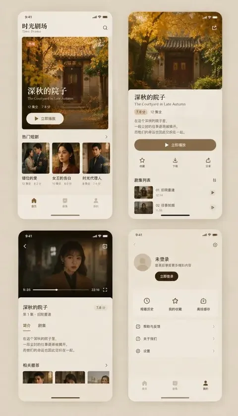 黄桃AI短剧 APP 剧集详情页界面，秋季庭院海报与剧集列表