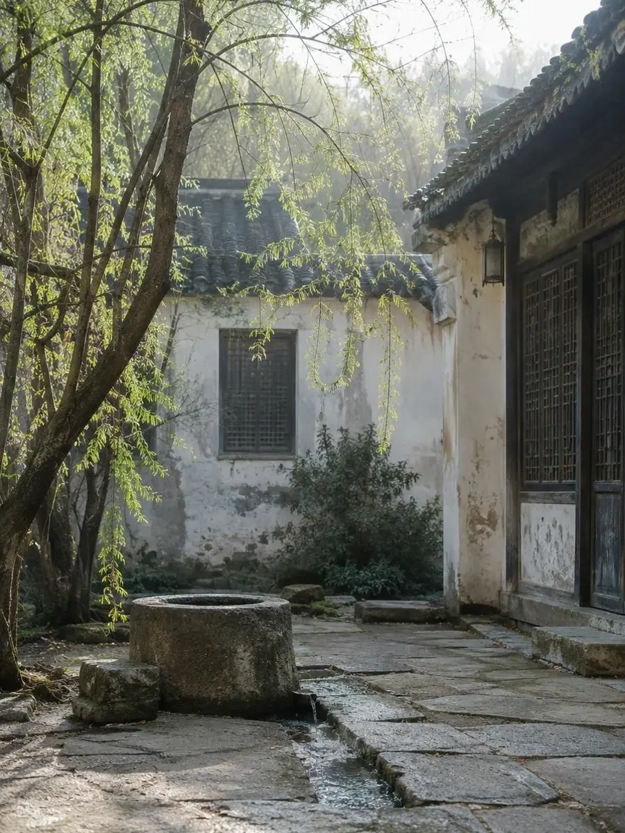 《故园春水》封面：早春老宅庭院里的一口石井与细细流淌的春水，柳枝新绿
