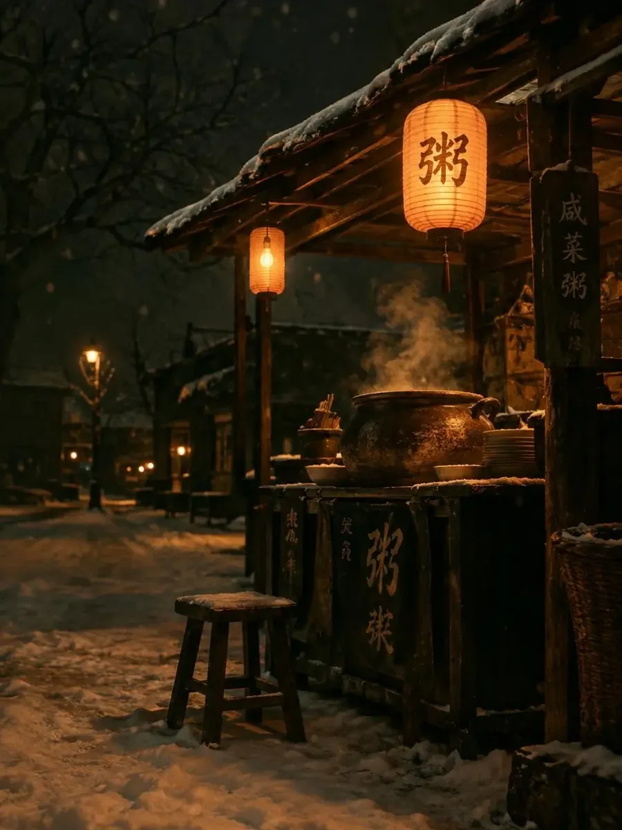 《小寒微响》封面：深冬夜晚街角的粥摊，砂锅冒着热气，木凳上落了一点雪