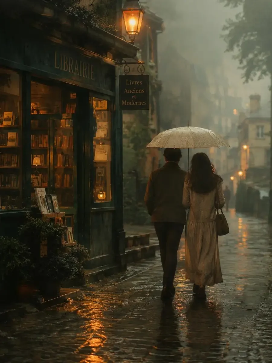 《小满雨停》封面：雨中街角旧书店门口，两人共撑一把亚麻色伞的背影