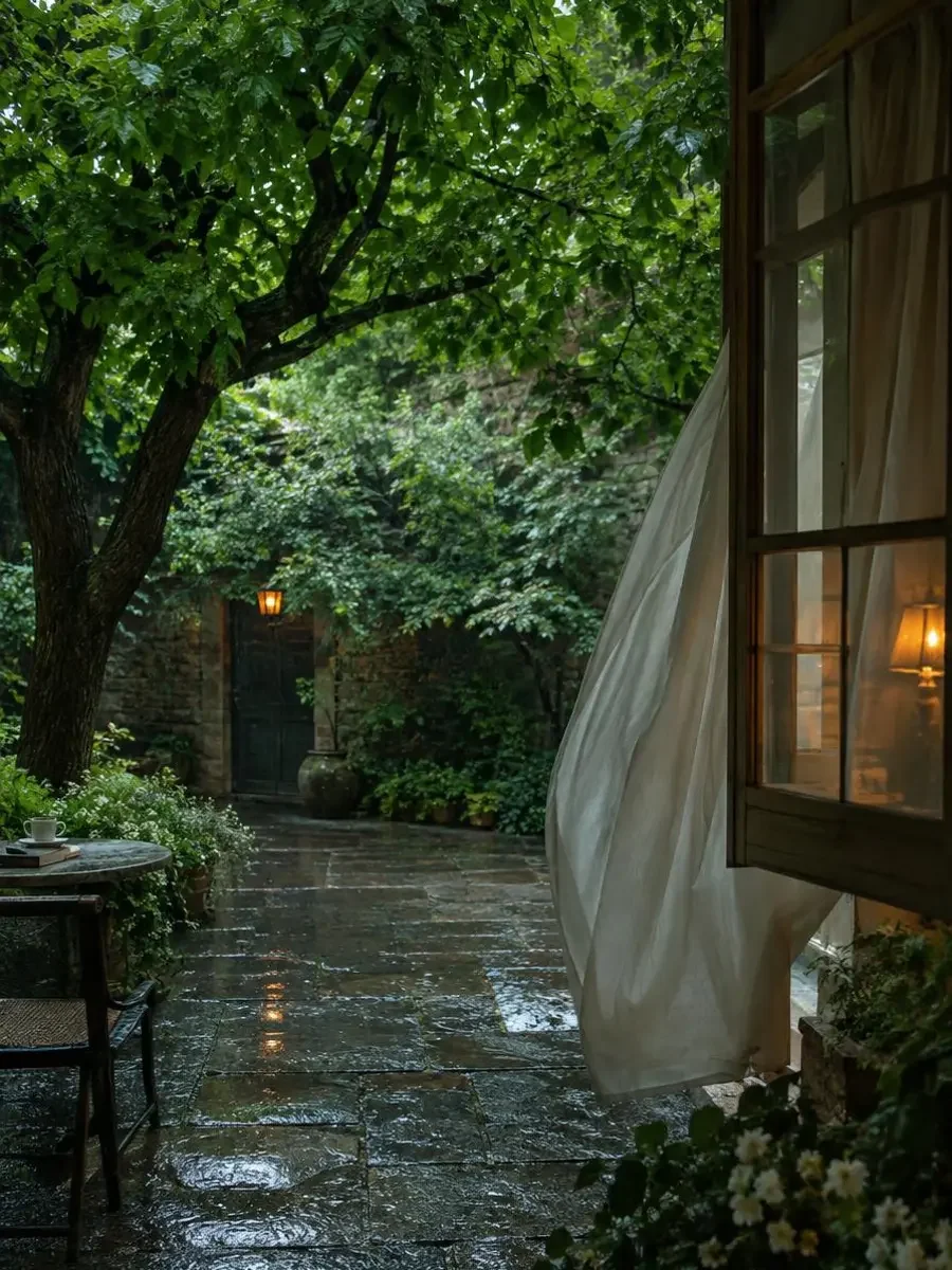 夏季主题封面：雨后庭院湿润的石板路与浓绿枝叶，木窗边飘动的亚麻布帘