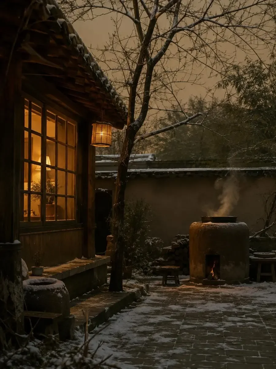 冬季主题封面：薄雪覆着灰瓦的冬夜庭院，木窗透出暖光与一缕热气
