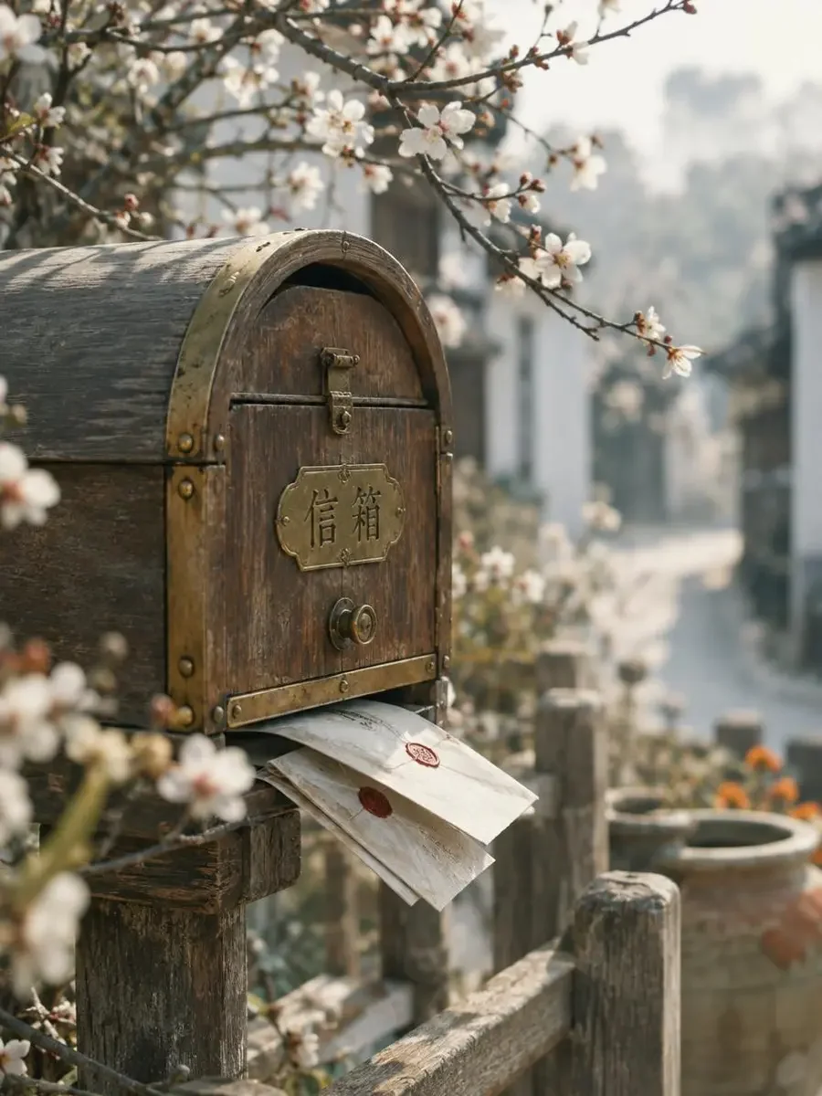 《立春后信》封面：小镇巷口的旧木质邮筒与封好的信件，背景一枝早春梅花